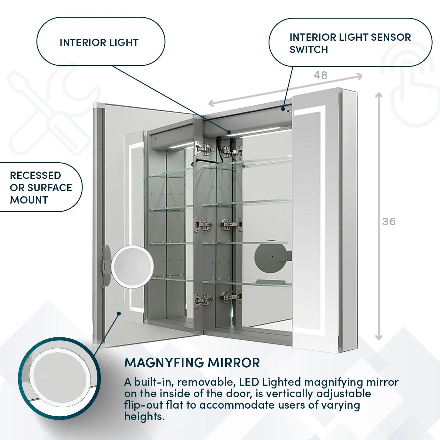 Aquadom Royale Plus 48" x 36" Triple-Door LED Lighted Medicine Cabinet With Defogger, Integrated LED 3X Magnifying Mirror and Electrical Outlet With USB - RP3-4836-N