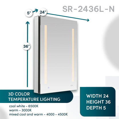 Aquadom Signature Royale 24" x 36" Rectangle Left Hinged Medicine Cabinet With Lighting, Defogger, Integrated LED 3X Magnifying Mirror And Electrical Outlet with USB - SR-2436L-N