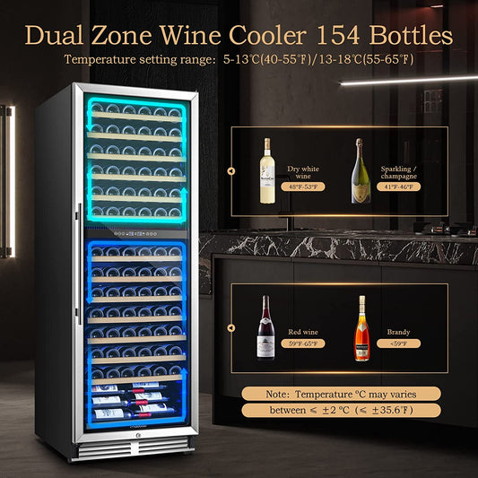 AAOBOSI 24" Free Standing 154 Bottles Wine Cooler in Stainless Steel with Wood Shelves  - YC-408B