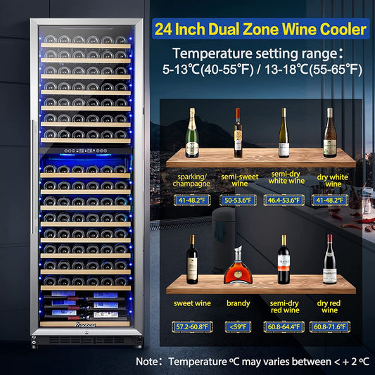 AAOBOSI 24" Free Standing 176 Bottles Wine Cooler in Stainless Steel with Wood Shelves  - YC-510B