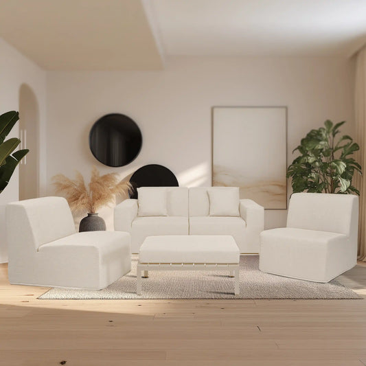 Deko Living 4 Piece Seating Beige Compressed Foam Sectional Sofa and Ottoman Set  - CIF50217