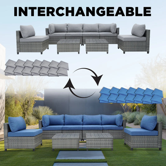 Deko Living 8 Piece Gray Outdoor Sectional Wicker Sofa Chairs and Tables  with Interchangable Blue and Gray Cushion Covers  - COP30111