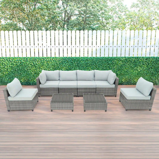 Deko Living 8 Piece Gray Outdoor Sectional Wicker Sofa Chairs and Tables  with Interchangable Blue and Gray Cushion Covers  - COP30111