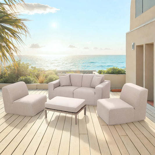 Deko Living 4 Piece Seating Beige Outdoor Compressed Foam Sectional Sofas and Ottoman Set  - COP30217