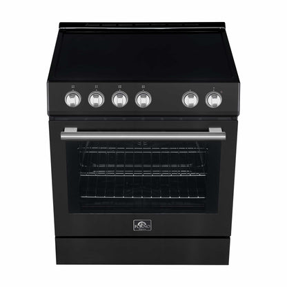 Forno 5-Piece Appliance Package - 30-Inch Electric Range, Under Cabinet Range Hood, Refrigerator, Dishwasher, and 24-Inch Microwave Oven in Black with Stainless Steel Trim - APR5-6012-30BLK-MWO24