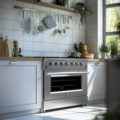 Forno 5-Piece Appliance Package - 36-Inch Gas Range, Wall Mount Range Hood, 60-Inch Refrigerator, Dishwasher, and 24-Inch Microwave Oven in Stainless Steel - AP5-6244-36-5095-60S-24MO