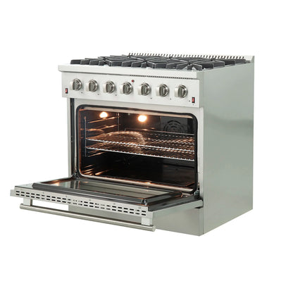 Forno 5-Piece Appliance Package - 36-Inch Gas Range, Wall Mount Range Hood, 60-Inch Refrigerator, Dishwasher, and 24-Inch Microwave Oven in Stainless Steel - AP5-6244-36-5095-60S-24MO