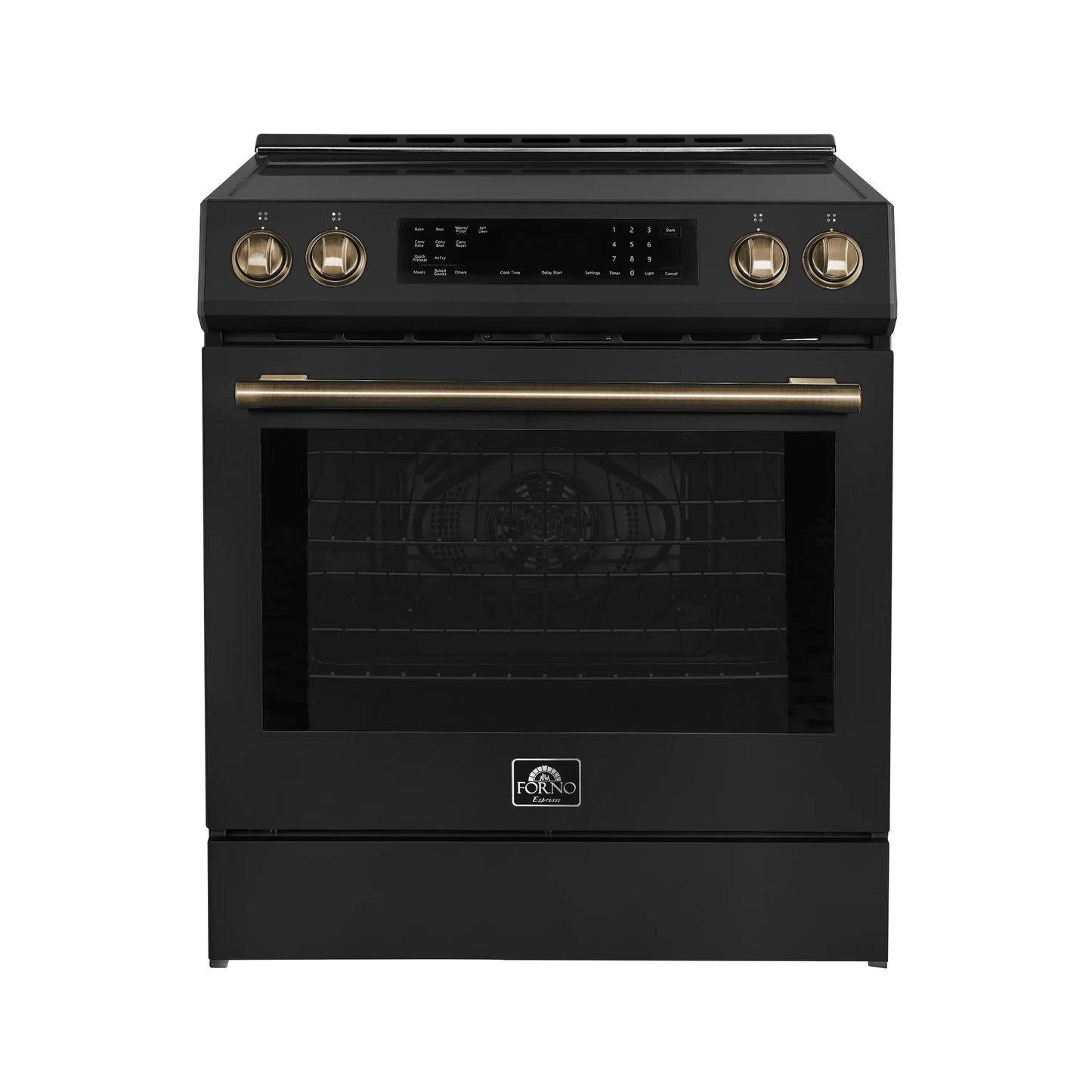 Forno 5-Piece Appliance Package - 30-Inch Induction Range, Under Cabinet Range Hood, Refrigerator with Water Dispenser, Dishwasher, and  Microwave Drawer in Black with Antique Brass Trim - APW5-905-30BLK
