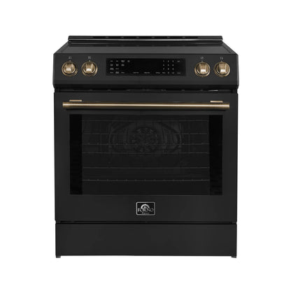 Forno 5-Piece Appliance Package - 30-Inch Inducton Range, Under Cabinet Range Hood, Refrigerator, Dishwasher, and 24-Inch Microwave Oven in Black with Antique Brass Trim - APR5-905-30BLK-MWO24