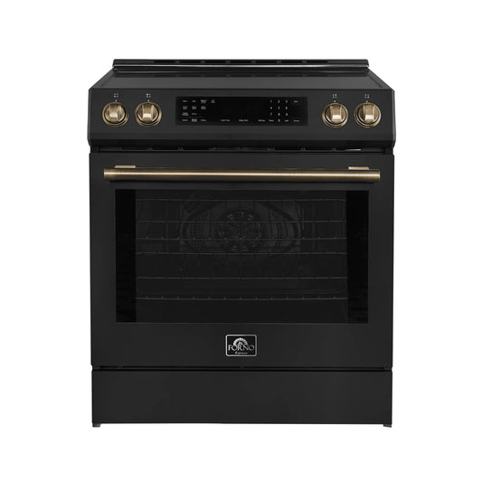 Forno 5-Piece Appliance Package - 30-Inch Induction Range, Under Cabinet Range Hood, Refrigerator with Water Dispenser, Dishwasher, and 30-Inch Microwave Oven in Black with Antique Brass Trim - APW5-905-30BLK-MWO30