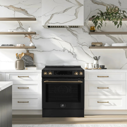 Forno 5-Piece Appliance Package - 30-Inch Induction Range, Under Cabinet Range Hood, Refrigerator with Water Dispenser, Dishwasher, and 30-Inch Microwave Oven in Black with Antique Brass Trim - APW5-905-30BLK-MWO30