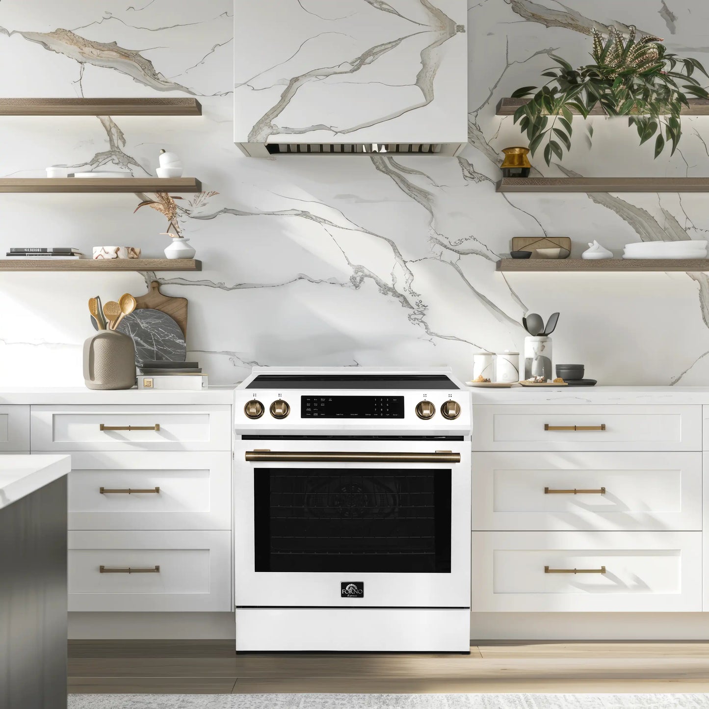 Forno 5-Piece Appliance Package - 30-Inch Induction Range, Under Cabinet Range Hood, Refrigerator, Dishwasher, and  Microwave Drawer in White with Stainless Steel Trim - APR5-905-30WHT
