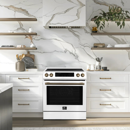 Forno 5-Piece Appliance Package - 30-Inch Induction Range, Under Cabinet Range Hood, Refrigerator, Dishwasher, and  Microwave Drawer in White with Antique Brass Trim - APR5-905-30WHT