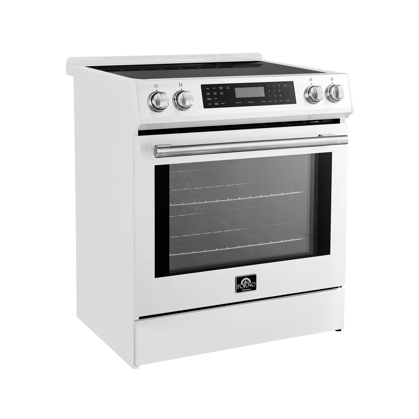 Forno 5-Piece Appliance Package - 30-Inch Induction Range, Under Cabinet Range Hood, Refrigerator, Dishwasher, and  Microwave Drawer in White with Antique Brass Trim - APR5-905-30WHT