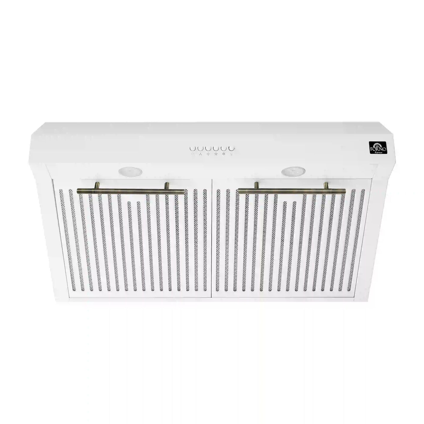 Forno 5-Piece Appliance Package - 30-Inch Induction Range, Under Cabinet Range Hood, Refrigerator, Dishwasher, and 30-Inch Microwave Oven in White with Antique Brass Trim - APR5-905-30WHT-MWO30