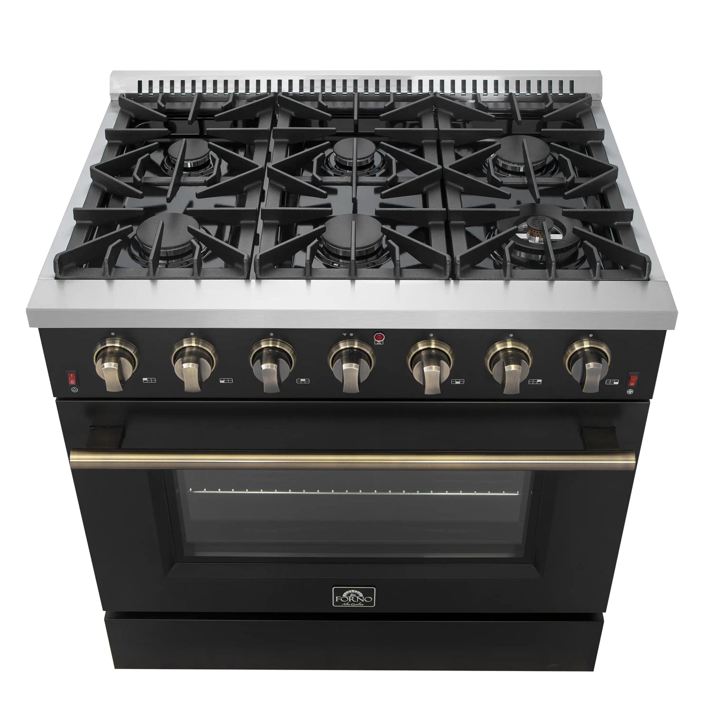 Forno 3-Piece Appliance Package - 36-Inch Gas Range, 60-Inch Convertible Refrigerator with Modern Trim, and Dishwasher in Black with Antique Brass Handle - AP3-6244-36BLK-60MG