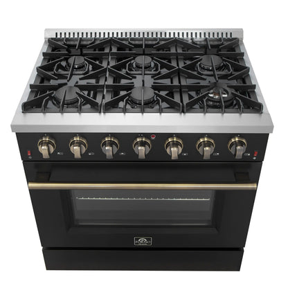 Forno 5-Piece Appliance Package - 36-Inch Gas Range, Wall Mount Range Hood, 60-Inch Refrigerator, Dishwasher, and 24-Inch Microwave Drawer in Black with Antique Brass Handle - AP5-6244-36BLK-5095-60MG-MD24