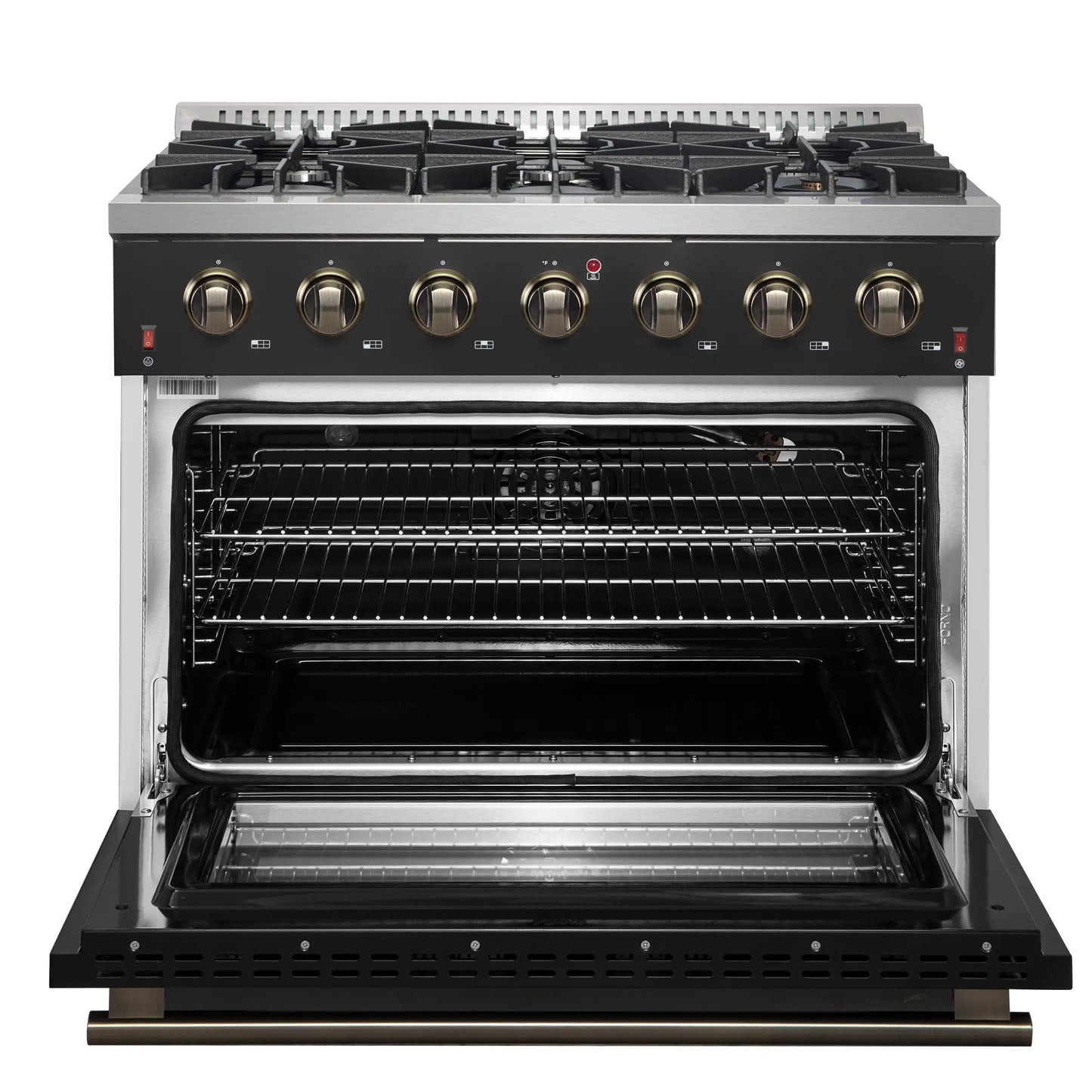 Forno 5-Piece Appliance Package - 36-Inch Gas Range, Wall Mount Range Hood, 60-Inch Refrigerator, Dishwasher, and 30-Inch Microwave Drawer in Black with Antique Brass Handle - AP5-6244-36BLK-5095-60MG-MD30