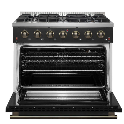 Forno 5-Piece Appliance Package - 36-Inch Gas Range, Wall Mount Range Hood, 60-Inch Refrigerator, Dishwasher, and 30-Inch Microwave Drawer in Black with Antique Brass Handle - AP5-6244-36BLK-5095-60MG-MD30