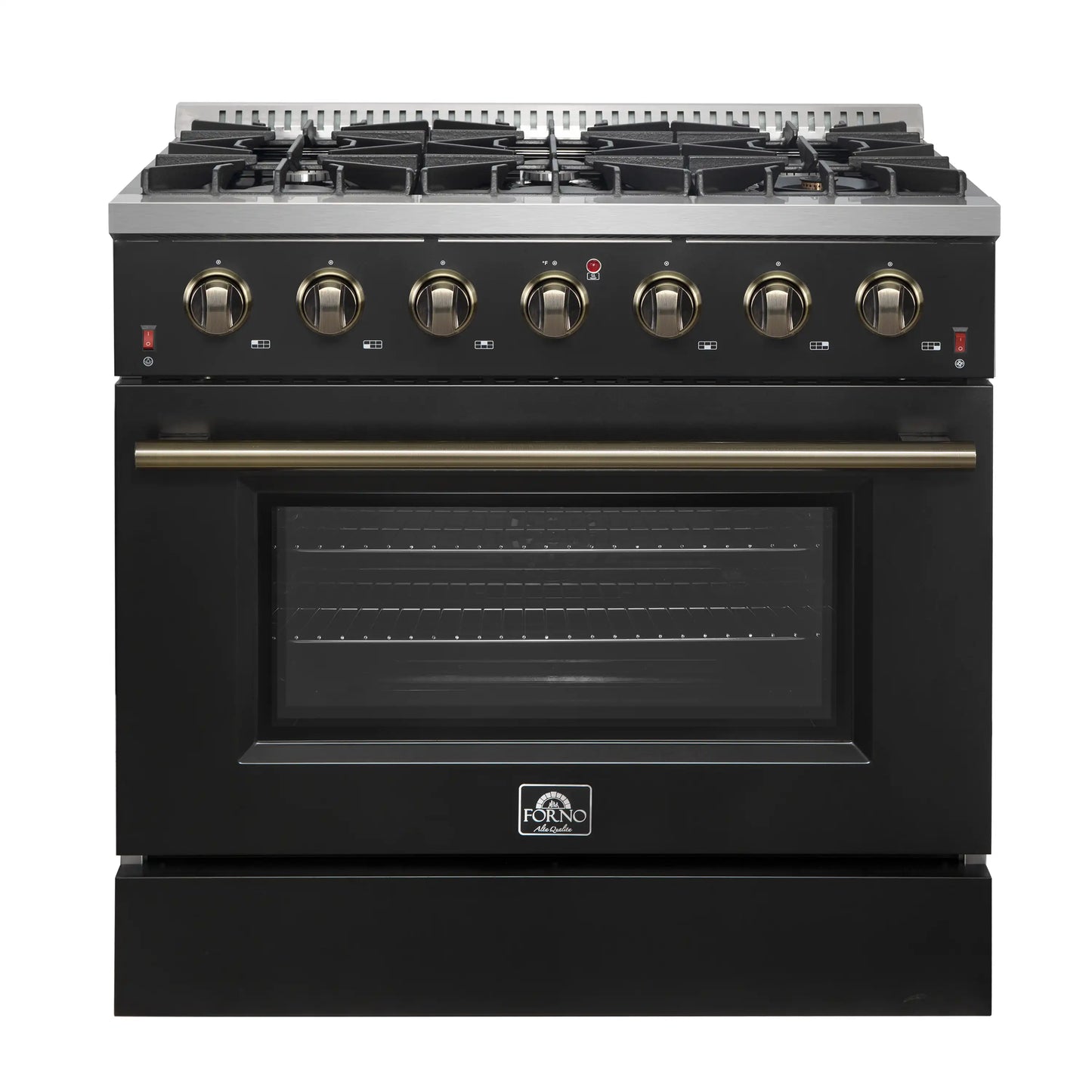 Forno 5-Piece Appliance Package - 36-Inch Gas Range, Wall Mount Range Hood, 60-Inch Convertible Refrigerator with Modern Trim, Dishwasher, and 30-Inch Microwave Drawer in Black with Antique Brass Handle - AP5-6244-36BLK-MWD30-60MG