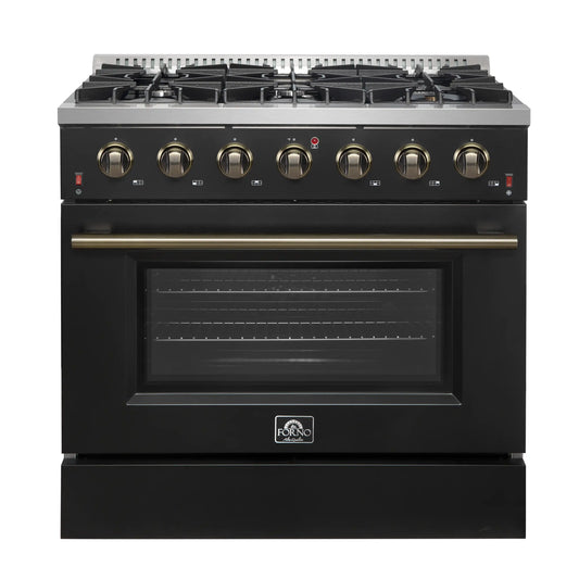 Forno 5-Piece Appliance Package - 36-Inch Gas Range, Wall Mount Range Hood, 60-Inch Convertible Refrigerator with Modern Trim, Dishwasher, and 30-Inch Microwave Drawer in Black with Antique Brass Handle - AP5-6244-36BLK-MWD30-60MG