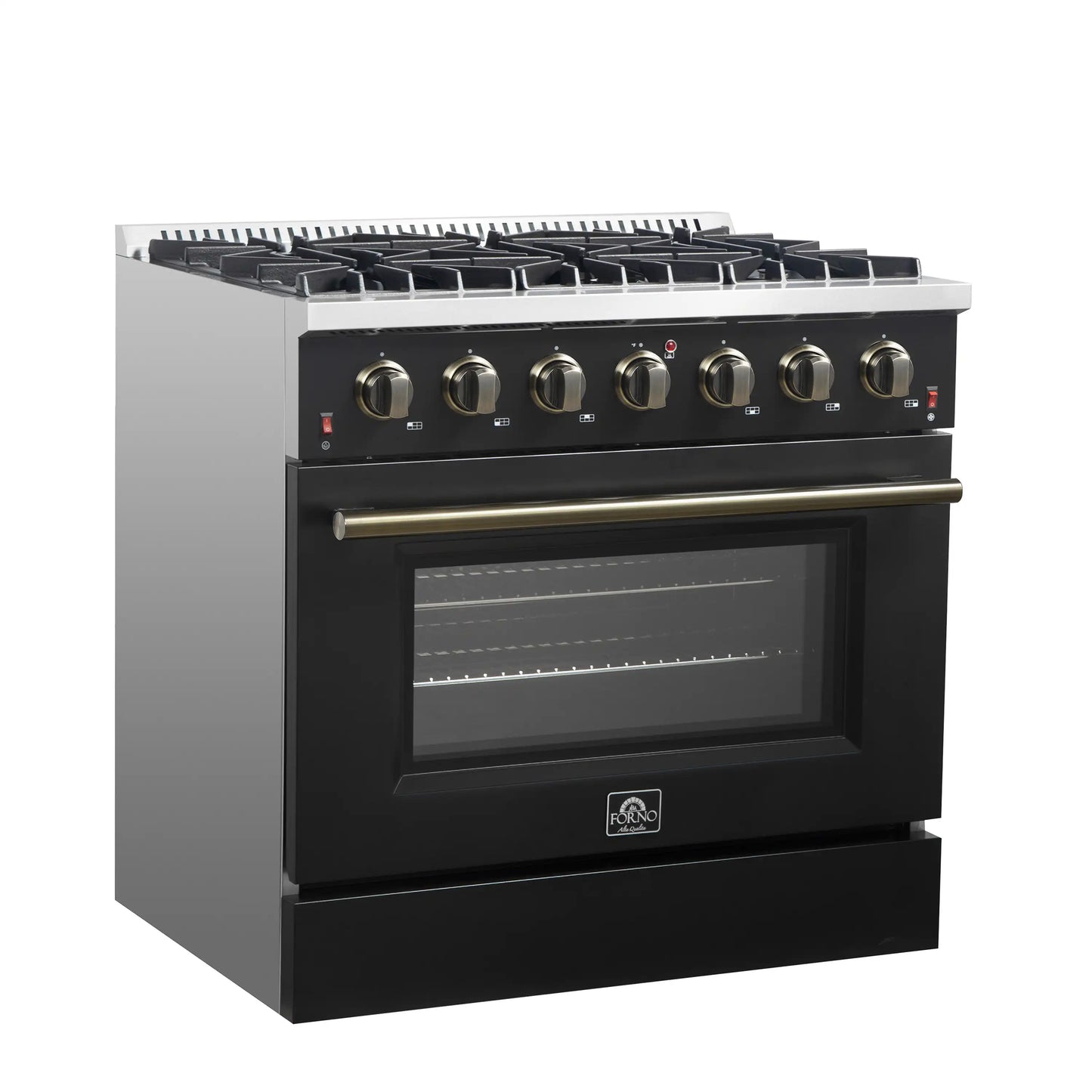 Forno 4-Piece Appliance Package - 36-Inch Gasl Fuel Range, Wall Mount Range Hood, 60-Inch Built-In Convertible Refrigerator, and Dishwasher in Black with Antique Brass Handle - AP4-6244-36BLK-5095-60MG