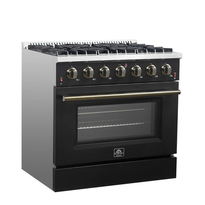 Forno 5-Piece Appliance Package - 36-Inch Gas Range, Wall Mount Range Hood, 60-Inch Convertible Refrigerator with Modern Trim, Dishwasher, and 24-Inch Microwave Oven in Black with Antique Brass Handle - AP5-6244-36BLK-MWO24-60MG