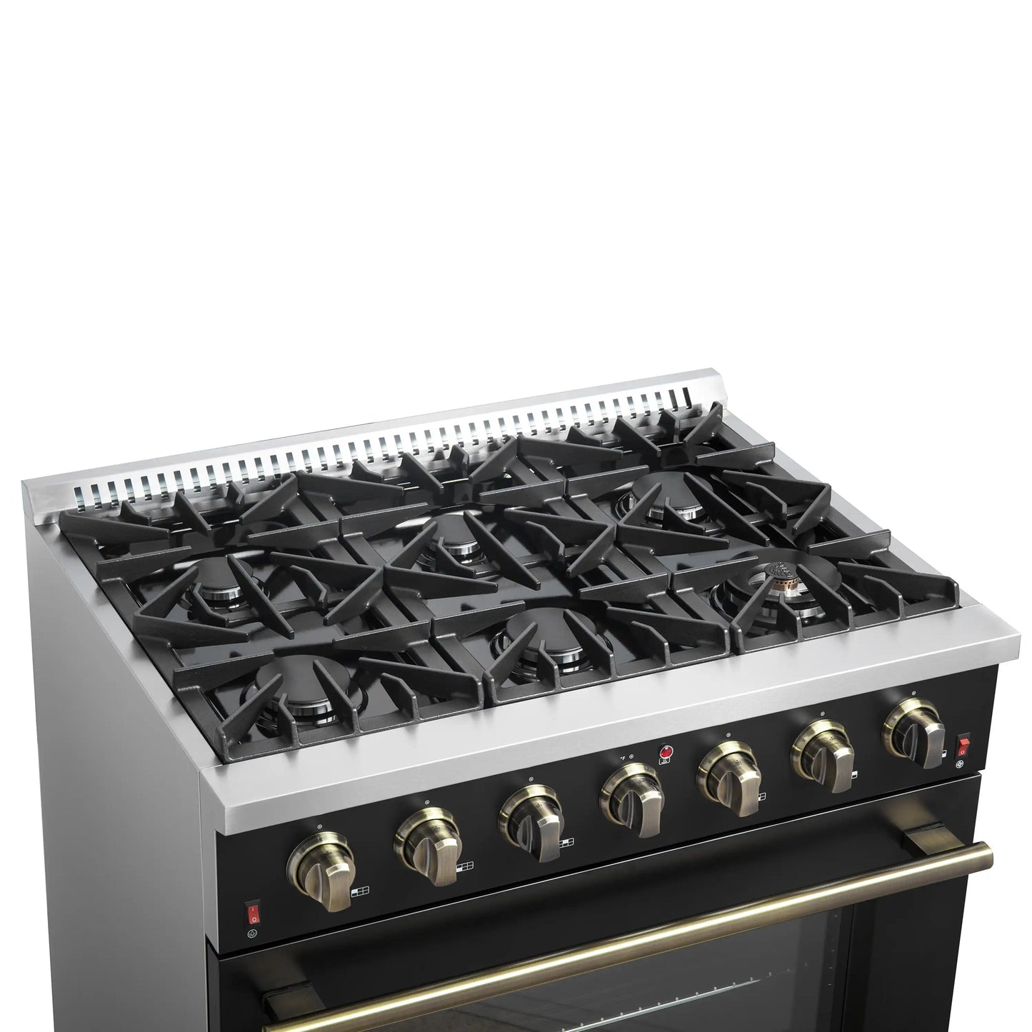 Forno 5-Piece Appliance Package - 36-Inch Gas Range, Wall Mount Range Hood, 60-Inch Convertible Refrigerator with Modern Trim, Dishwasher, and 30-Inch Microwave Drawer in Black with Antique Brass Handle - AP5-6244-36BLK-MWD30-60MG