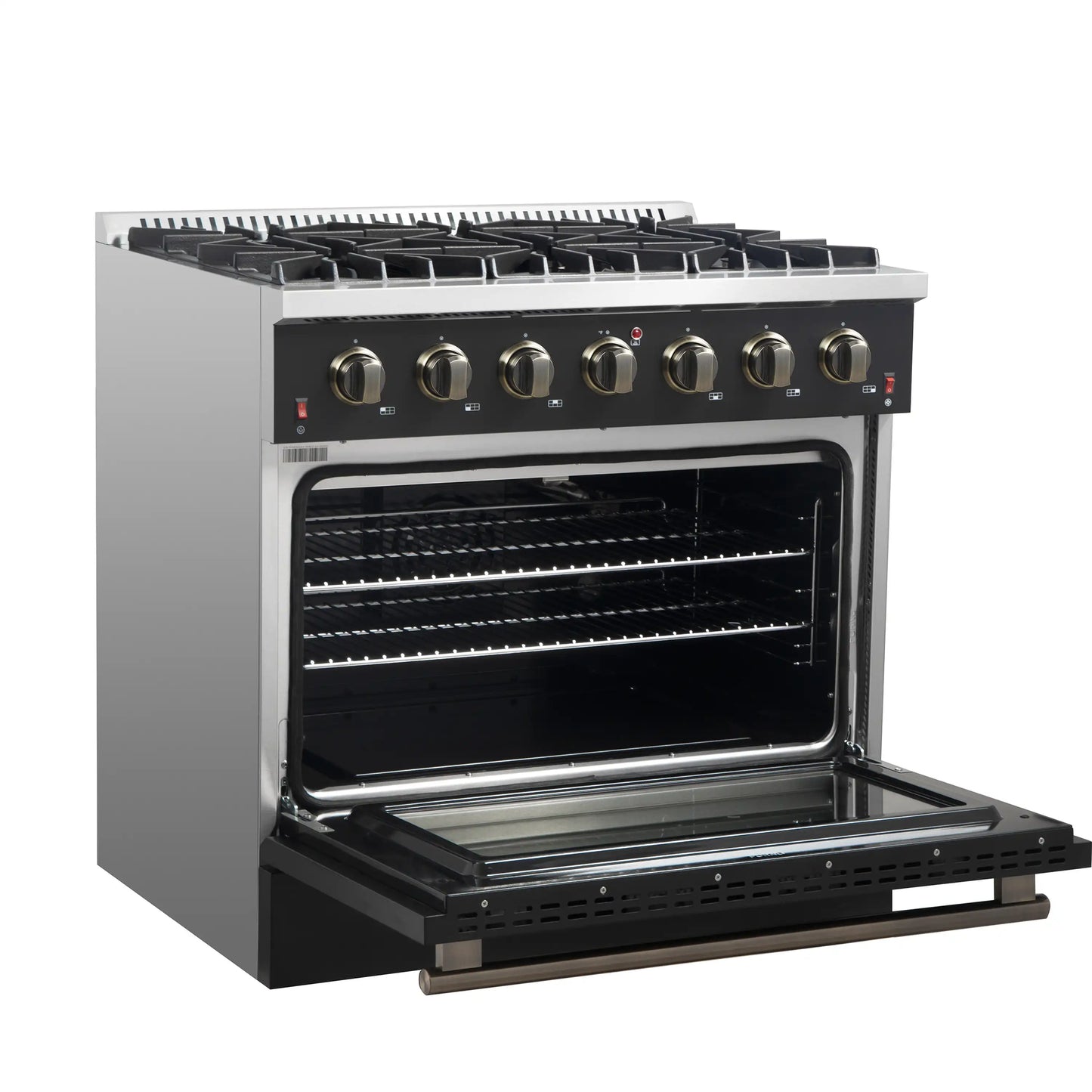 Forno 5-Piece Appliance Package - 36-Inch Gas Range, Wall Mount Range Hood, 60-Inch Refrigerator, Dishwasher, and 30-Inch Microwave Drawer in Black with Antique Brass Handle - AP5-6244-36BLK-5095-60MG-MD30