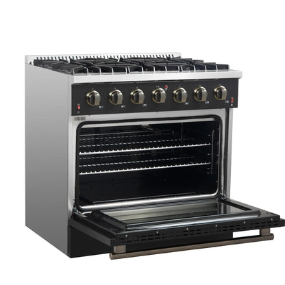 Forno 5-Piece Appliance Package - 36-Inch Gas Range, Wall Mount Range Hood, 60-Inch Refrigerator, Dishwasher, and 30-Inch Microwave Drawer in Black with Antique Brass Handle - AP5-6244-36BLK-5095-60MG-MD30