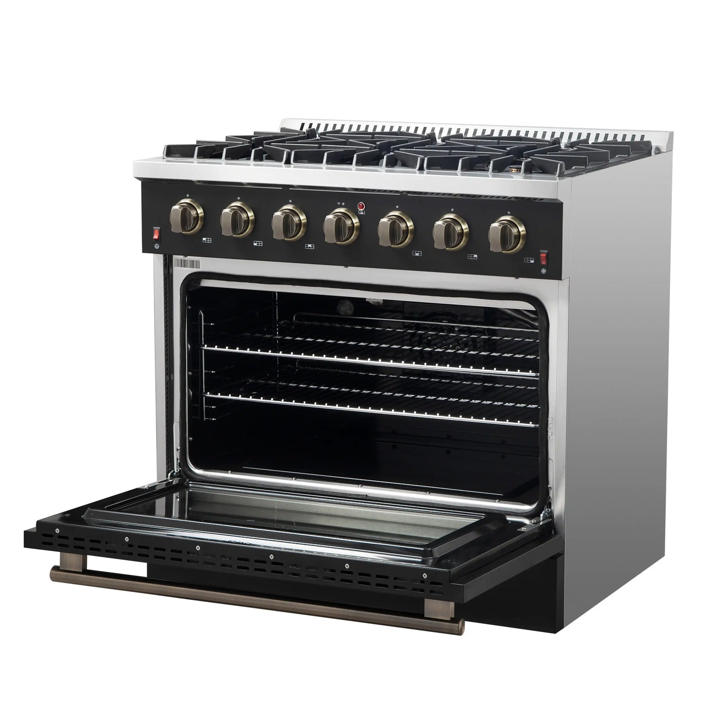 Forno 4-Piece Appliance Package - 36-Inch Gasl Fuel Range, Wall Mount Range Hood, 60-Inch Built-In Convertible Refrigerator, and Dishwasher in Black with Antique Brass Handle - AP4-6244-36BLK-5095-60MG