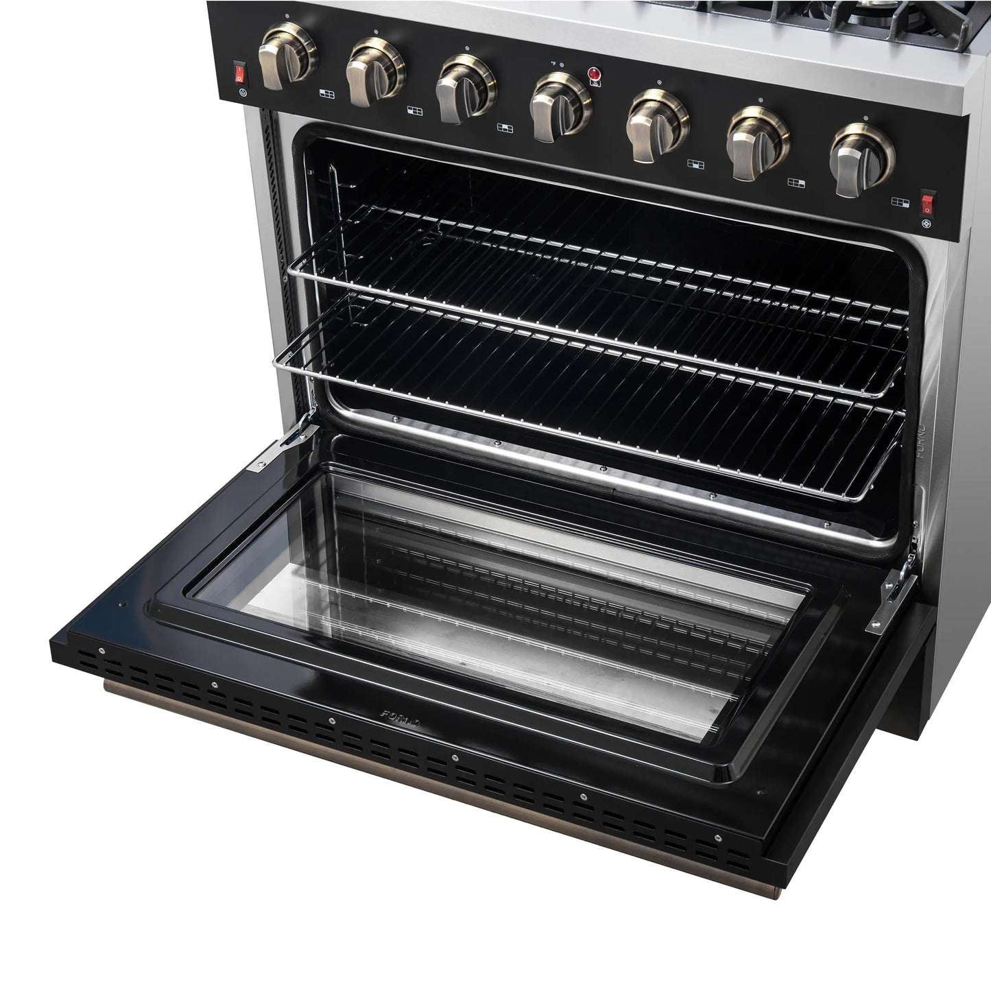 Forno 5-Piece Appliance Package - 36-Inch Gas Range, Wall Mount Range Hood, 60-Inch Refrigerator, Dishwasher, and 30-Inch Microwave Drawer in Black with Antique Brass Handle - AP5-6244-36BLK-5095-60MG-MD30
