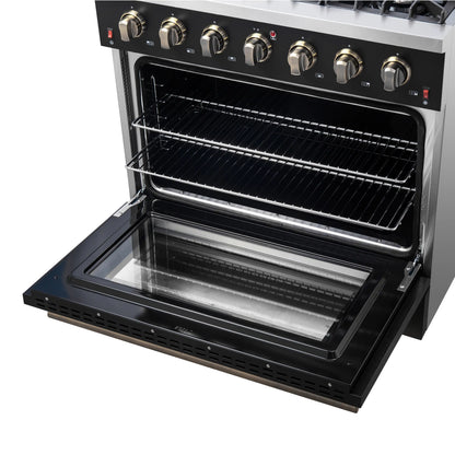 Forno 4-Piece Appliance Package - 36-Inch Gasl Fuel Range, Wall Mount Range Hood, 60-Inch Built-In Convertible Refrigerator, and Dishwasher in Black with Antique Brass Handle - AP4-6244-36BLK-5095-60MG