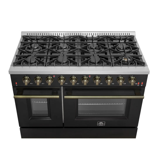 Forno Galiano 48-Inch Gas Range with 8 Burners and  6.58 Cu.Ft. Double Convection Oven in Black with Antique Brass Trim  - FFSGS6244-48BLK