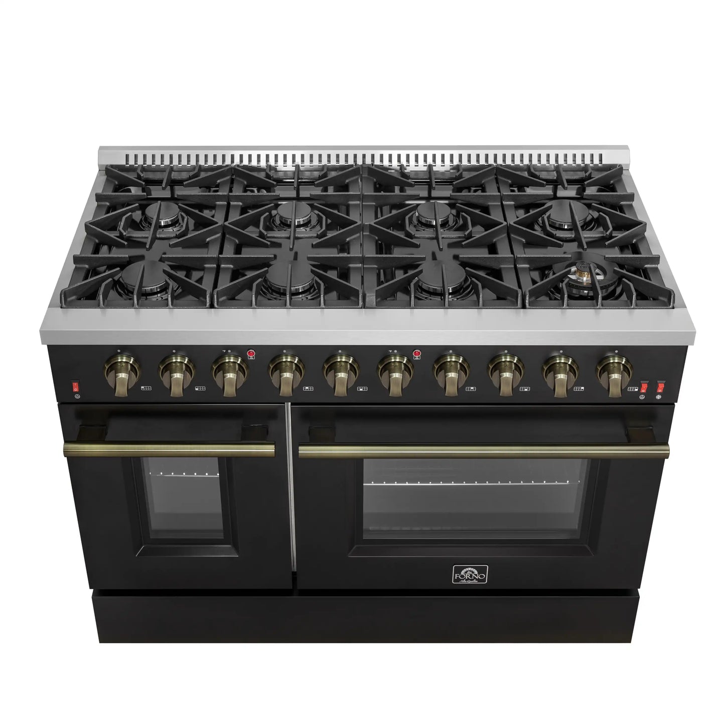 Forno 5-Piece Appliance Package - 48-Inch Gas Range, Wall Mount Range Hood, 36-Inch Refrigerator, Dishwasher, and 24-Inch Microwave Drawer in Black with Antique Brass Handle - AP5-6244-48BLK-5095-MD24