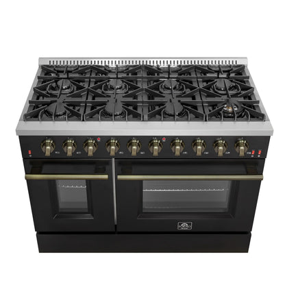 Forno 5-Piece Appliance Package - 48-Inch Gas Range, Wall Mount Range Hood, 36-Inch Refrigerator, Dishwasher, and 24-Inch Microwave Drawer in Black with Antique Brass Handle - AP5-6244-48BLK-5095-MD24