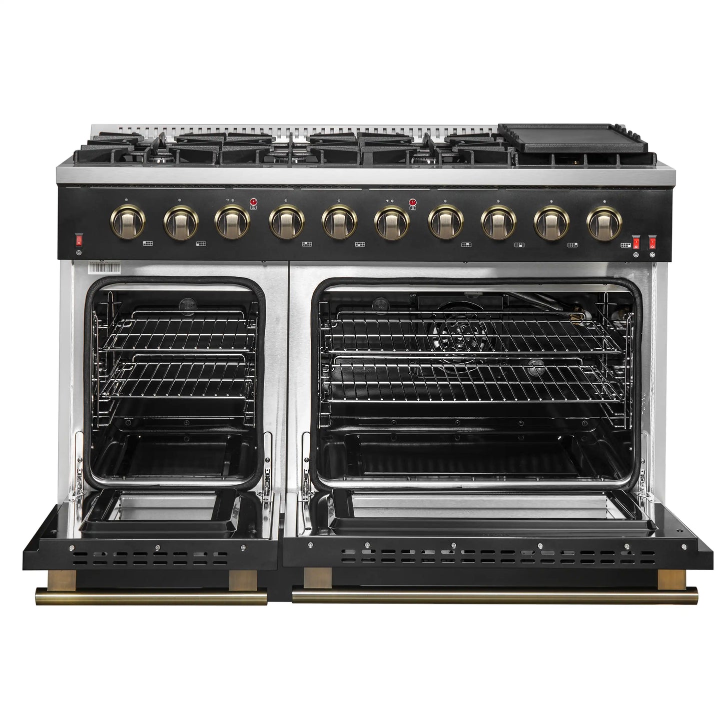 Forno 5-Piece Appliance Package - 48-Inch Gas Range, 60-Inch Convertible Refrigerator with Modern Trim, Dishwasher, and 30-Inch Microwave Oven in Black with Antique Brass Handle - AP5-6244-48BLK-MWO30-60MG