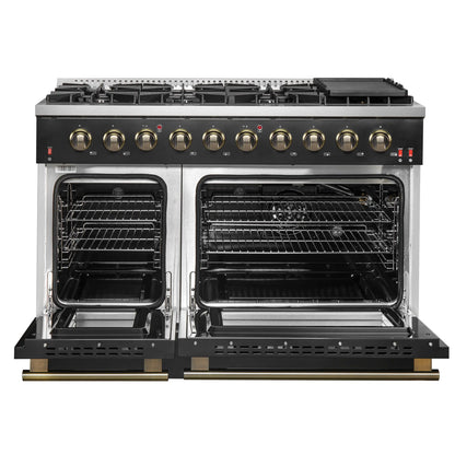 Forno 5-Piece Appliance Package - 48-Inch Gas Range, 60-Inch Convertible Refrigerator with Modern Trim, Dishwasher, and 24-Inch Microwave Oven in Black with Antique Brass Handle - AP5-6244-48BLK-MWO24-60MG
