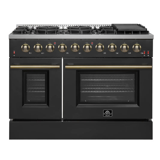 Forno 5-Piece Appliance Package - 48-Inch Gas Range, 60-Inch Convertible Refrigerator with Modern Trim, Dishwasher, and 30-Inch Microwave Oven in Black with Antique Brass Handle - AP5-6244-48BLK-MWO30-60MG