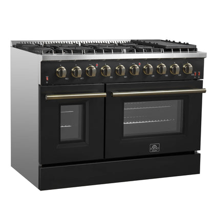 Forno 5-Piece Appliance Package - 48-Inch Gas Range, 60-Inch Convertible Refrigerator with Modern Trim, Dishwasher, and 30-Inch Microwave Drawer in Black with Antique Brass Handle - AP5-6244-48BLK-MWD30-60MG