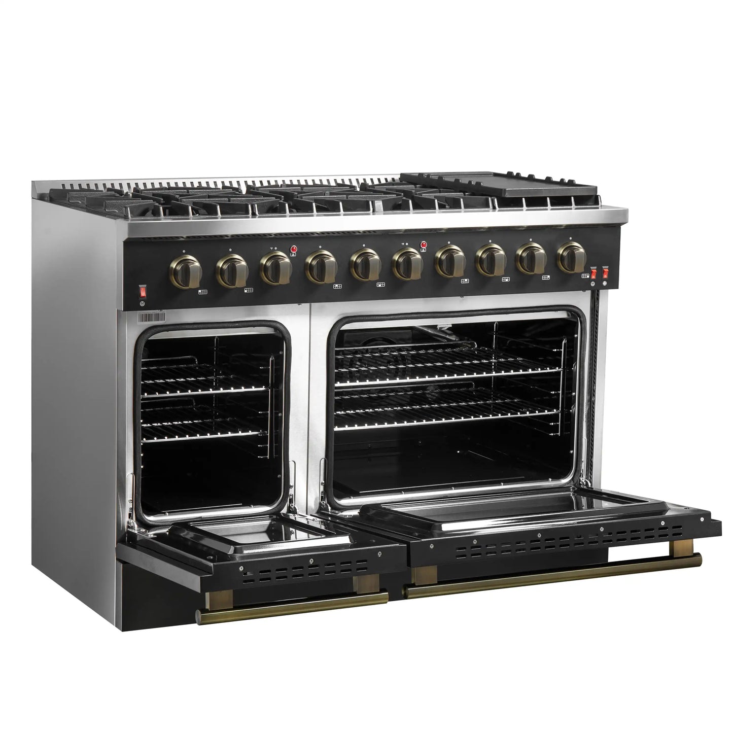 Forno 5-Piece Appliance Package - 48-Inch Gas Range, Wall Mount Range Hood, 36-Inch Refrigerator, Dishwasher, and 24-Inch Microwave Drawer in Black with Antique Brass Handle - AP5-6244-48BLK-5095-MD24