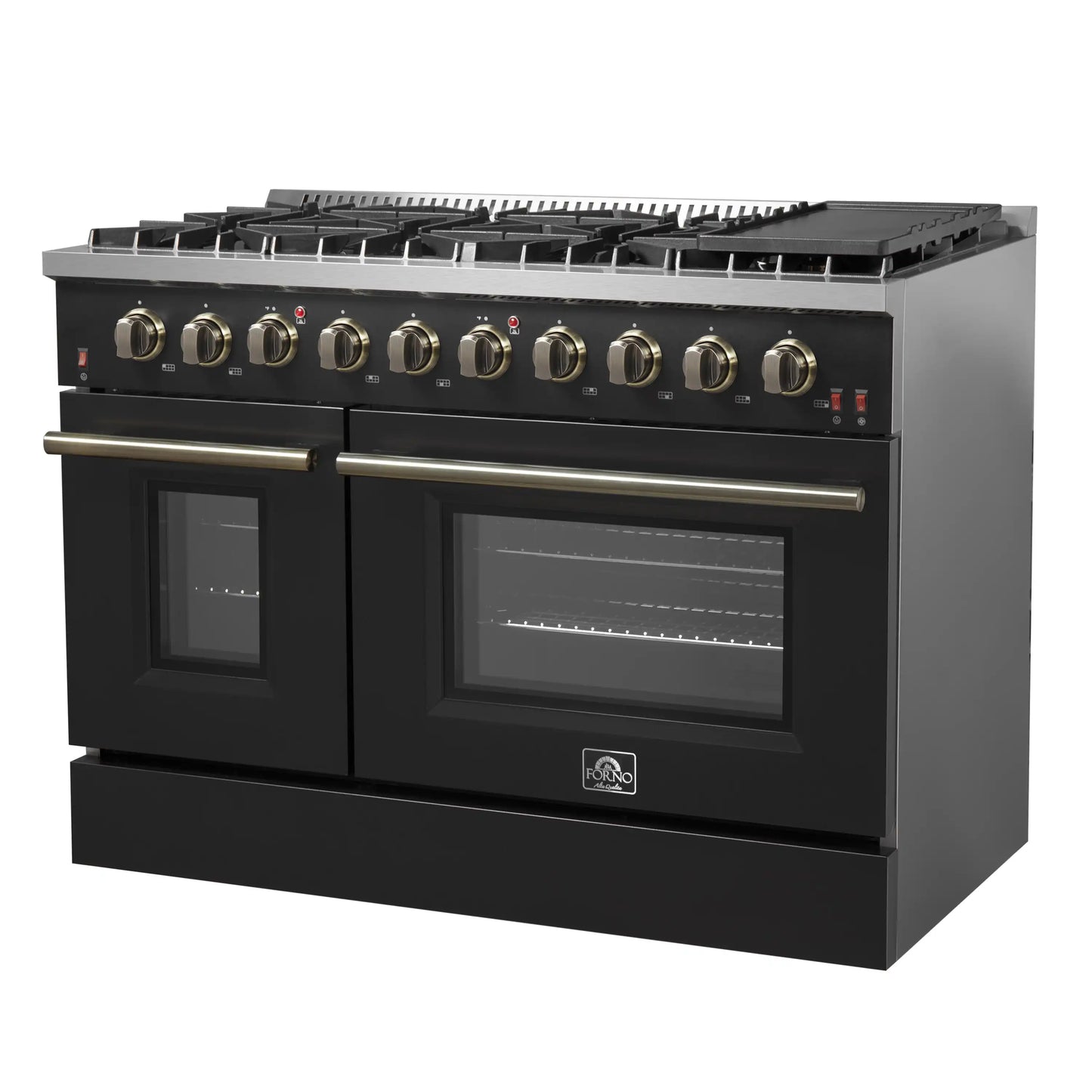 Forno 5-Piece Appliance Package - 48-Inch Gas Range, Wall Mount Range Hood, 36-Inch Refrigerator, Dishwasher, and 24-Inch Microwave Drawer in Black with Antique Brass Handle - AP5-6244-48BLK-5095-MD24