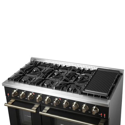 Forno Galiano 5-Piece Appliance Package - 48-Inch Gas Range, 48-Inch Hood, 36-Inch Refrigerator, 24-Inch Dishwasher, & 24-Inch Microwave Drawer in Black with Antique Brass Trim - AP5-6244-48BLK-MWD24