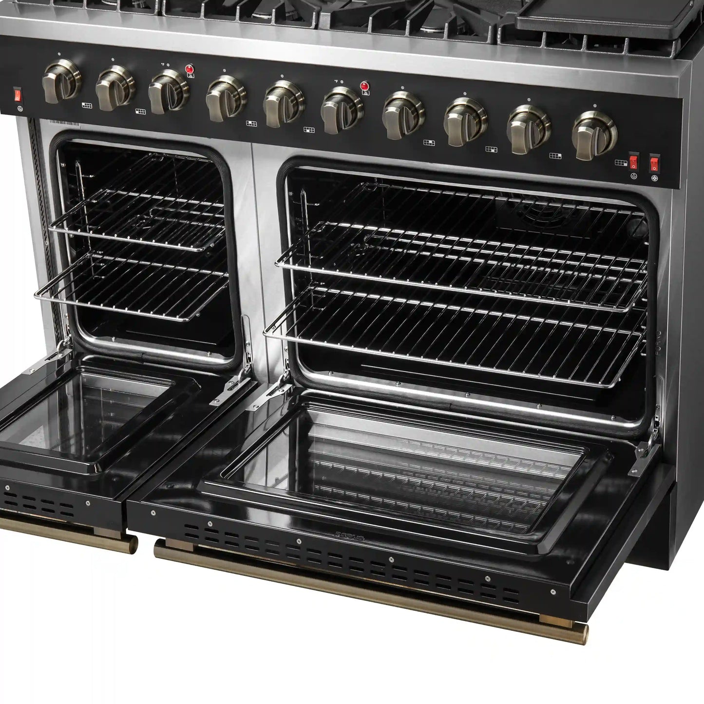 Forno Galiano 5-Piece Appliance Package - 48-Inch Gas Range, 48-Inch Hood, 36-Inch Refrigerator, 24-Inch Dishwasher, & 24-Inch Microwave Drawer in Black with Antique Brass Trim - AP5-6244-48BLK-MWD24