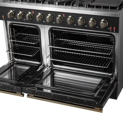 Forno 5-Piece Appliance Package - 48-Inch Gas Range, Wall Mount Range Hood, 36-Inch Refrigerator, Dishwasher, and 30-Inch Microwave Drawer in Black with Antique Brass Handle - AP5-6244-48BLK-5095-MD30