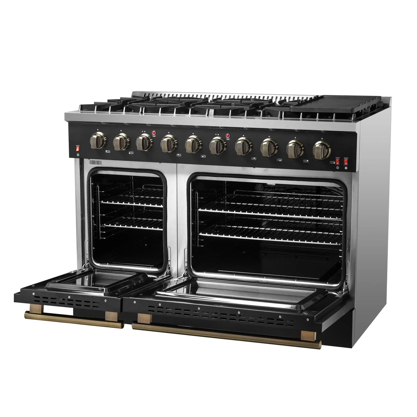 Forno Galiano 5-Piece Appliance Package - 48-Inch Gas Range, 48-Inch Hood, 36-Inch Refrigerator, 24-Inch Dishwasher, & 24-Inch Microwave Drawer in Black with Antique Brass Trim - AP5-6244-48BLK-MWD24
