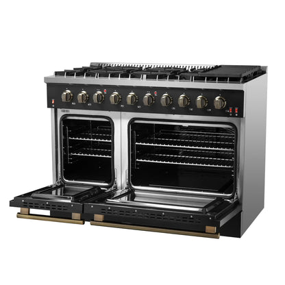 Forno 5-Piece Appliance Package - 48-Inch Gas Range, Wall Mount Range Hood, 36-Inch Refrigerator, Dishwasher, and 24-Inch Microwave Drawer in Black with Antique Brass Handle - AP5-6244-48BLK-5095-MD24