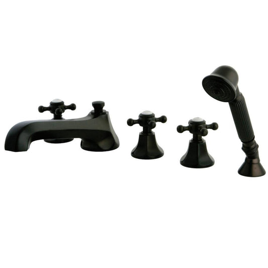 Kingston Brass Three-Handle 5-Hole Deck Mount Roman Tub Faucet with Hand Shower in Oil Rubbed Bronze - KS43055BX