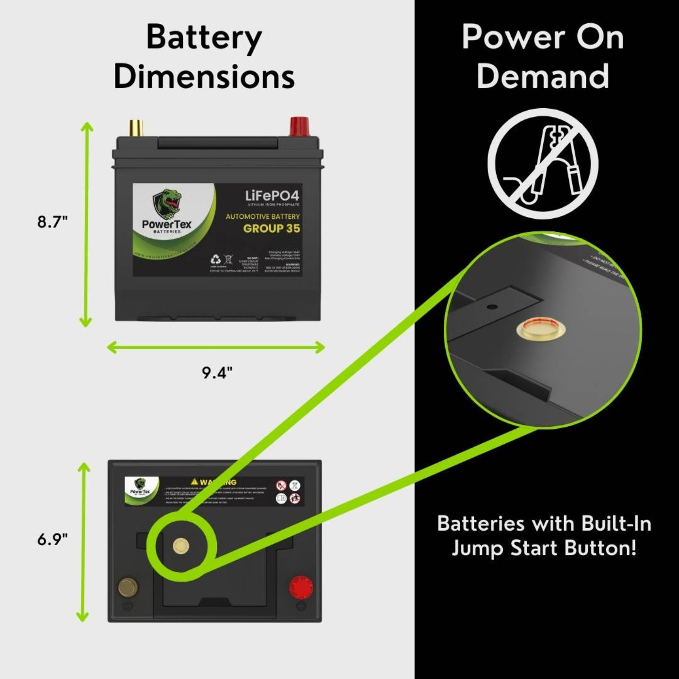 PowerTex 2016 Infiniti QX60 Car Battery BCI Group 35 / Q85 Lithium LiFePO4 Automotive Battery - PTLG35-39
