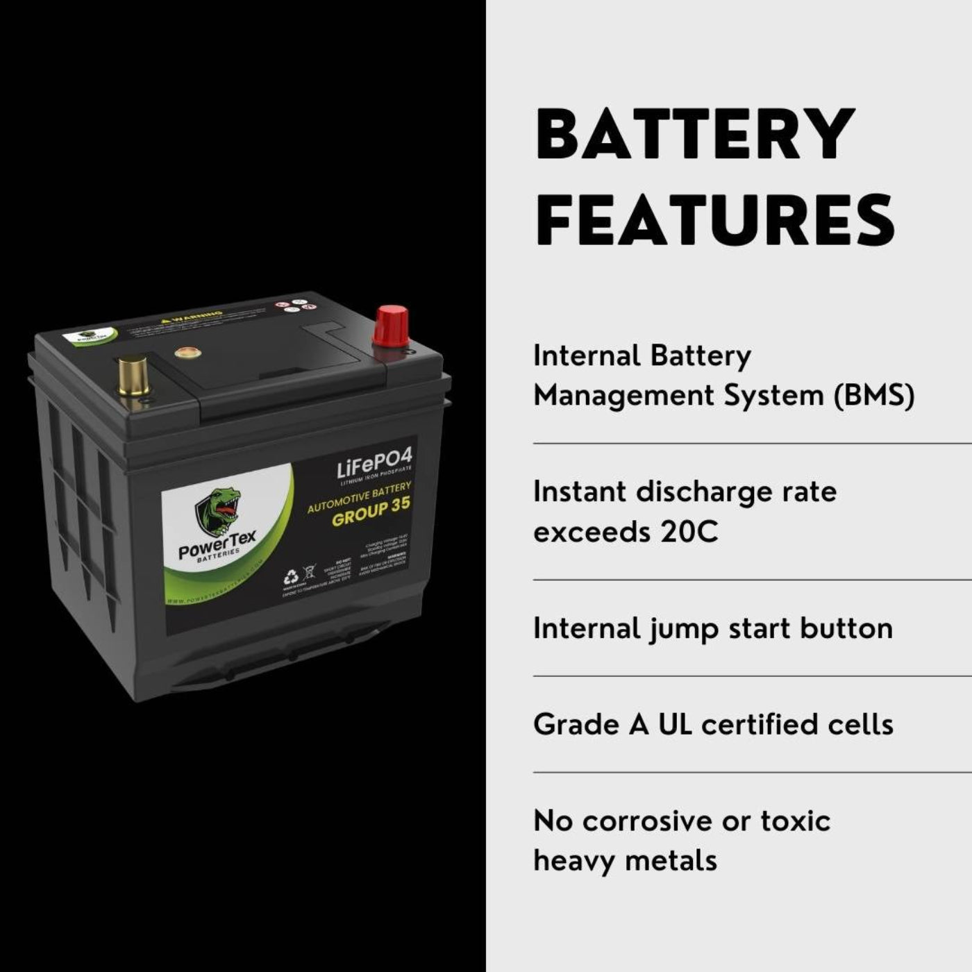 PowerTex 2016 Infiniti QX70 Car Battery BCI Group 35 / Q85 Lithium LiFePO4 Automotive Battery - PTLG35-40